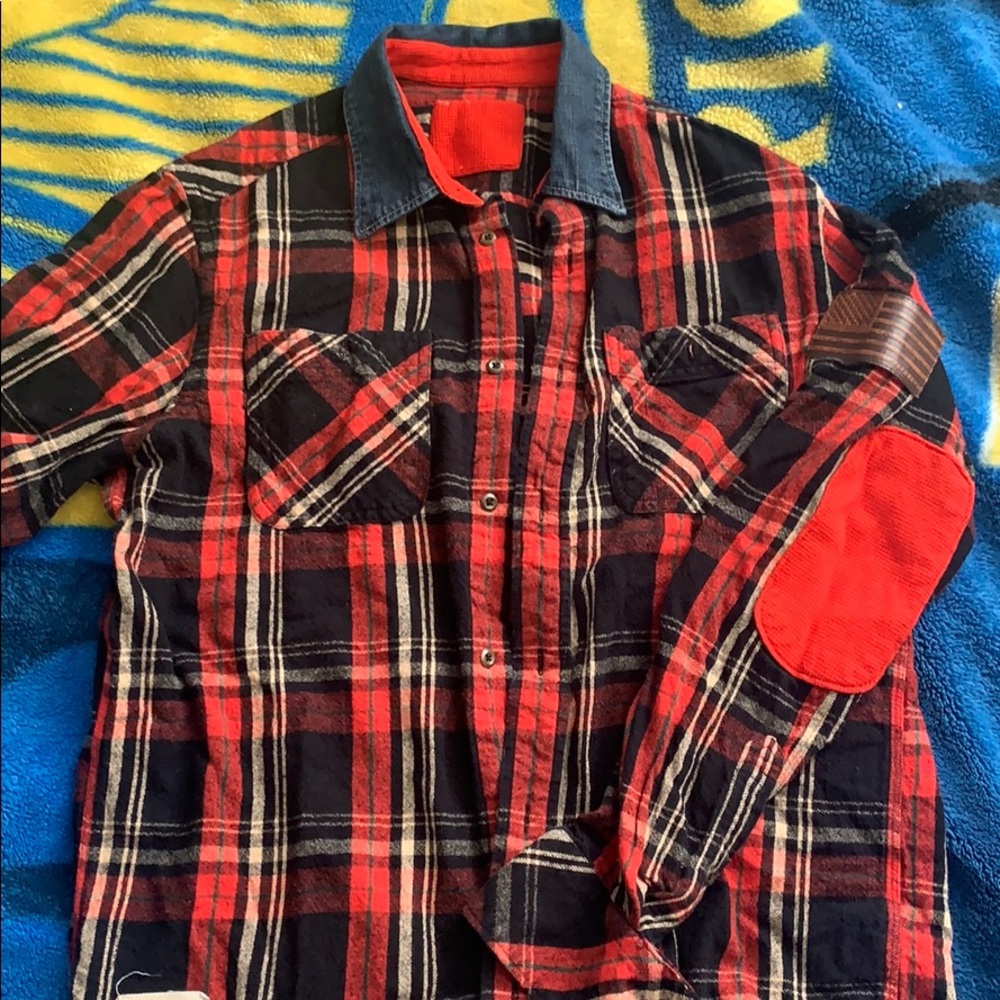 Flannel button-up shirt w/ reconstructed denim